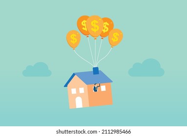 House float in the sky by currency balloon, home ownership, house rental, savings investment, Vector illustration design concept in flat style