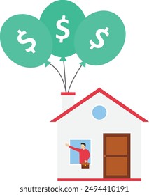 Flotador de la casa en el cielo por el globo de la divisa, la propiedad de la casa, el alquiler de la casa, la inversión del ahorro, el concepto del diseño de la Ilustración vectorial en estilo plano

