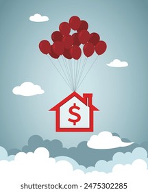House floats in the sky, coin balloon, home ownership, house rental, savings investment, appreciation of real estate.