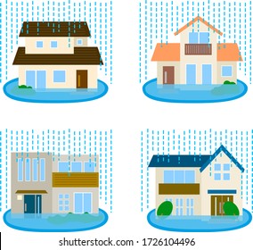 Casa en la inundación, fuerte lluvia, agua inundada, ilustración de línea plana