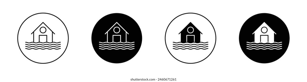House flood icon set. river water natural disaster damage home vector symbol. tsunami disaster sign in black filled and outlined style.