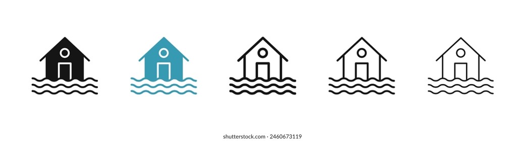 House flood icon set. River water natural disaster damage home vector icon. Tsunami disaster sign for UI designs.