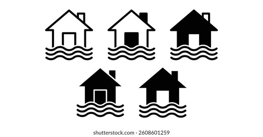 House Flood Risk Icons Black and White Color Vector Design on White Background