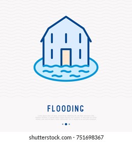 House flooding thin line icon. Modern vector illustration of natural disaster or pipe leakage.