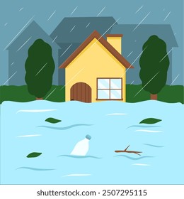 House floods from the heavy rain illustration, flood damage cartoon, flood natural disaster 