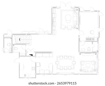 Planta de Chão de Casa - Layout de Chão de Chão com Cozinha, Jantar e Sala de Estar Vetor