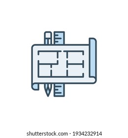 Plan de piso de la casa con icono o símbolo azul del concepto de vector de lápiz y regla