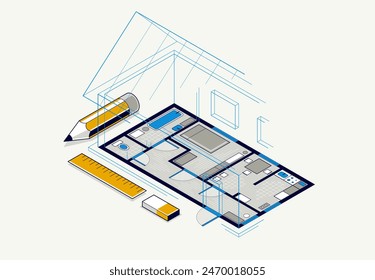 Grundrisszeichnung mit Bleistift, Lodge Wohnhaus Blaupause, 3D isometrische Vektorillustration, Innenarchitektur Projekt Draufsicht mit Dach, Sommerhaus Villa.