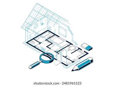 Grundrisszeichnung mit Bleistift, Lodge Wohnhaus Blaupause, 3D isometrische Vektorillustration, Innenarchitektur Projekt Draufsicht mit Dach, Sommerhaus Villa.