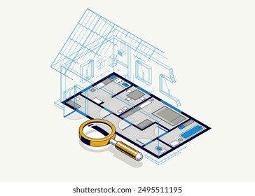 Haus Grundrisszeichnung mit Bleistift, Lodge Wohnhaus Bauplan, 3D isometrische Vektorgrafik, Innenarchitektur Projekt Draufsicht mit Dach, Sommerhaus Villa.