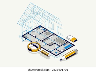 Desenho plano de piso da casa com lápis, lodge casa edifício residencial blueprint, ilustração vetorial isométrica 3D, projeto de design de interiores vista superior com telhado, casa de veraneio.