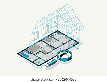 House floorplan drawing with pencil, lodge residential home building blueprint, 3D isometric vector illustration, interior design project top view with roof, summerhouse villa.