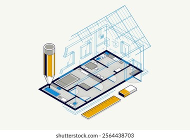 House floorplan drawing with pencil, lodge residential home building blueprint, 3D isometric vector illustration, interior design project top view with roof, summerhouse villa.