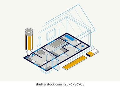 House floorplan drawing with pencil, lodge residential home building blueprint, 3D isometric vector illustration, interior design project top view with roof, summerhouse villa.