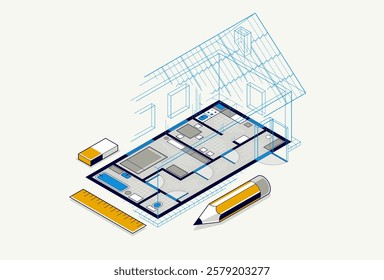 House floorplan drawing with pencil, lodge residential home building blueprint, 3D isometric vector illustration, interior design project top view with roof, summerhouse villa.