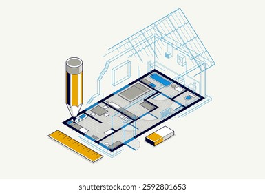 House floorplan drawing with pencil, lodge residential home building blueprint, 3D isometric vector illustration, interior design project top view with roof, summerhouse villa.