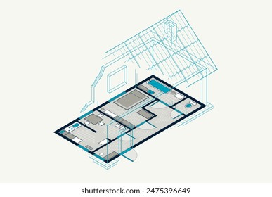 House floorplan drawing with pencil, residential home building blueprint, 3D isometric vector illustration, interior design project top view with roof, family house.