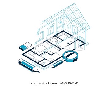 House floorplan drawing with pencil, residential home building blueprint, 3D isometric vector illustration, interior design project top view with roof, family house.