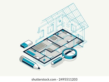 House floorplan drawing with pencil, residential home building blueprint, 3D isometric vector illustration, interior design project top view with roof, family house.