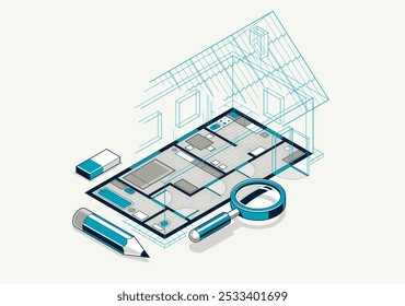 Desenho plano de piso da casa com lápis, projeto residencial de construção de casa, ilustração vetorial isométrica 3D, projeto de design de interiores vista superior com telhado, casa da família.