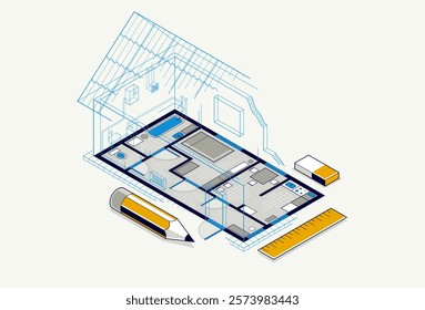 House floorplan drawing with pencil, residential home building blueprint, 3D isometric vector illustration, interior design project top view with roof, family house.