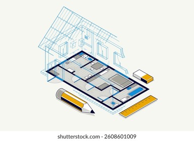 House floorplan drawing with pencil, residential home building blueprint, 3D isometric vector illustration, interior design project top view with roof, family house.