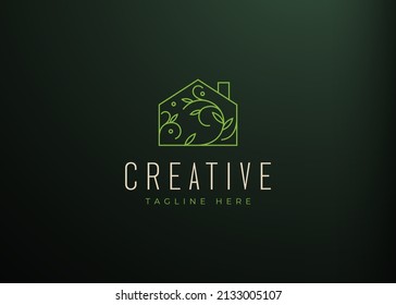 House with Floral Branch Logo Line Art Design Template