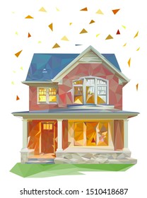 house with floral elements- low poly vector illustration, each object is grouped in isolation