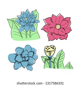 House flowers color hand drawn illustration. Home decorations and interior design elements. House plants flat hand drawn clipart. Flowers and leaves sketch composition. Isolated cartoon items
