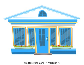 House with flowers and flowerbeds decor vector. Restaurant building with no sign, isolated structure, big construction made of stone brick and glass