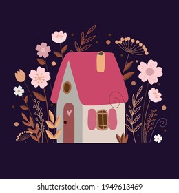 
casa con flores en el fondo oscuro