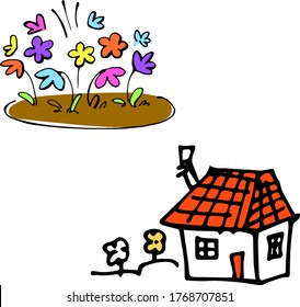 House and flowers perfect for logos isolated on white background