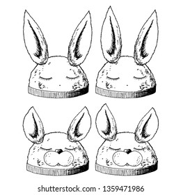 House fluffy slippers bunnies and dogs set sketch on white background