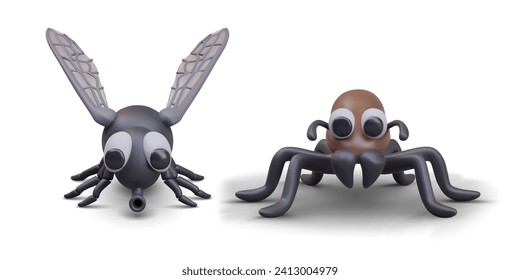 House fly and ant closeup. Set of household pests. Vector characters, front view. Fighting insects at home, cleaning, disinfection of housing. Colorful insects with big eyes