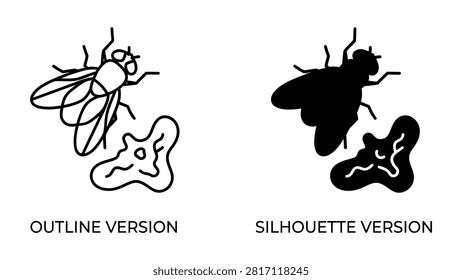 House fly insect and filth dirt stain icon set in both outline and solid silhouette style