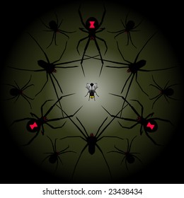 House fly surrounded by hungry spiders vector illustration