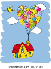 House flying with balloons