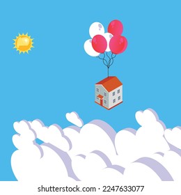 House flying up with colorful balloon isometric 3d vector illustration concept for banner, website, illustration, landing page, flyer, etc.