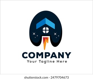 house flying on sky rocket movement logo design template illustration inspiration
