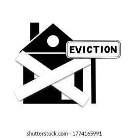 House with foreclosure label Eviction. Homes being repossessed by the bank. Vector illustration. On black background. Symbolically boarded up