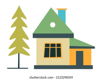 House In Forest, Apartment In Rural Area Or Countryside, Village Summer Cottage Or Home. Cabin For Travelers During Vacations, Wood And Forest With Lush Greenery And Trees. Vector In Flat Style