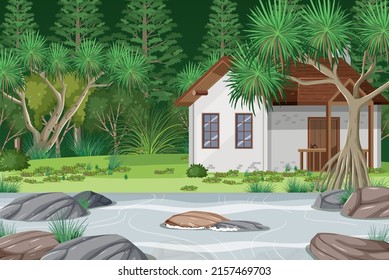 A house in the forest background illustration