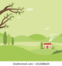 House in Forest Beautiful Landscape Nature Background Flat Vector Illustration
