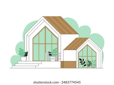 Casa en el bosque. Casa de campo y adosado en el bosque. Inmobiliaria y propiedad privada en la naturaleza. Fachada y exterior del hogar en la naturaleza. Ilustración vectorial lineal aislada sobre fondo blanco