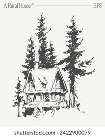 Una casa en un bosque con árboles verdes en un paisaje inclinado. Ilustración vectorial dibujada a mano.