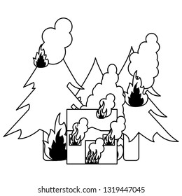house and forest in fire black and white