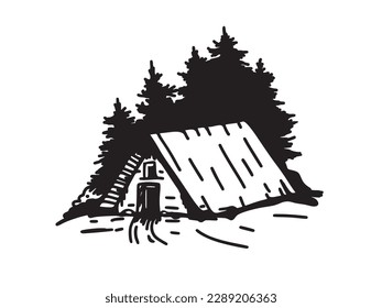 
A house in the forest. Hand drawn sketch. It can be used for brochures, poster, sticker , shirt, t-shirt.