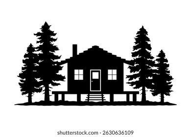 House in the forest icon. Black silhouette. Front view. Vector simple flat graphic illustration. Isolated object on white background. Isolate.