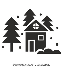 casa no ícone da floresta, cabana de madeira com neve, ilustração vetor plana sobre fundo branco