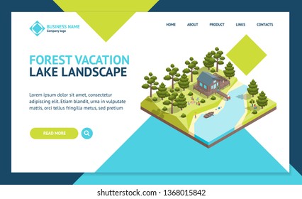 House Forest Lake Concept Landing Web Page Template 3d Isometric View Include of Tree, Building, Water and Meadow. Vector illustration of Tourism